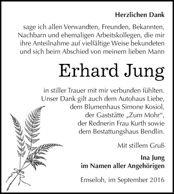 Traueranzeige von Erhard Jung von Super Sonntag SGH Mansf. Land
