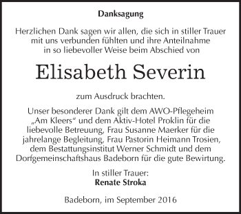 Traueranzeige von Elisabeth Severin von WVG - Wochenspiegel Quedlinburg