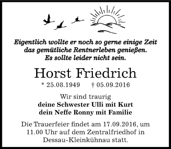 Traueranzeige von Horst Friedrich von Mitteldeutsche Zeitung Dessau-Roßlau