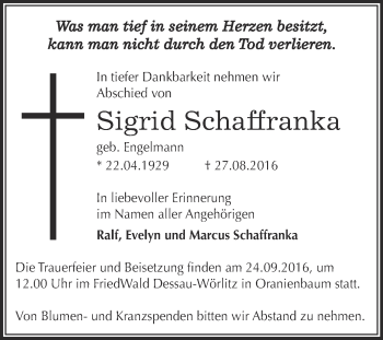Traueranzeige von Sigrid Schaffranka von WVG - Wochenspiegel Dessau / Köthen