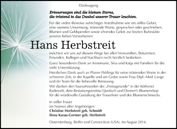 Traueranzeige von Hans Herbstreit von WVG - Wochenspiegel Dessau / Köthen