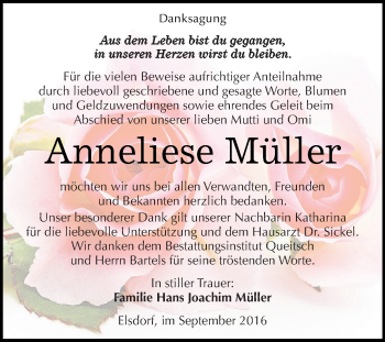 Traueranzeige von Anneliese Müller von WVG - Wochenspiegel Dessau / Köthen