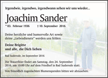 Traueranzeige von Joachim  Sander von WVG - Wochenspiegel Quedlinburg