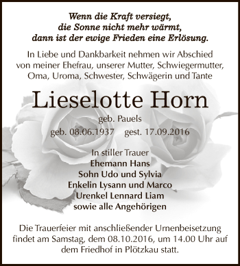 Traueranzeige von Lieselotte Horn von Super Sonntag Bernburg