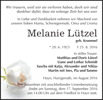Traueranzeige von Melanie Lützel von Mitteldeutsche Zeitung Quedlinburg