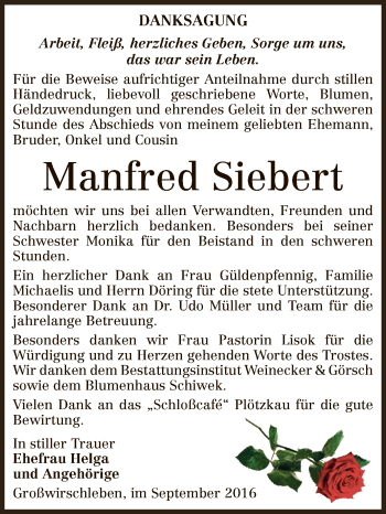 Traueranzeige von Manfred Siebert von Super Sonntag Bernburg