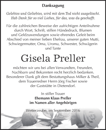 Traueranzeige von Gisela Preller von Super Sonntag Zeitz