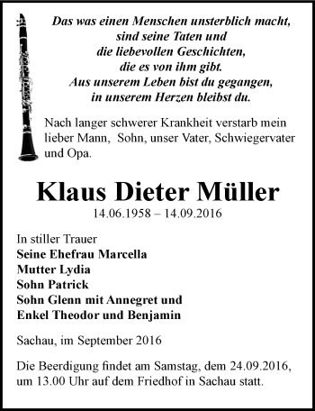 Traueranzeige von Klaus Dieter Müller von Mitteldeutsche Zeitung Wittenberg