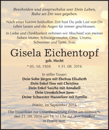 Traueranzeige von Gisela Eichentopf von Mitteldeutsche Zeitung Weißenfels