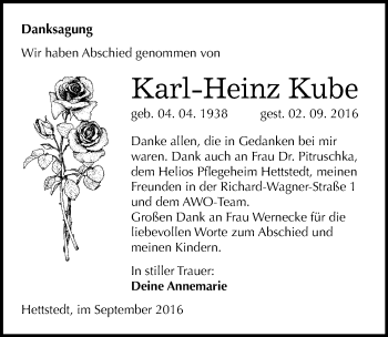 Traueranzeige von Karl-Heinz Kube von Mitteldeutsche Zeitung Mansfelder Land