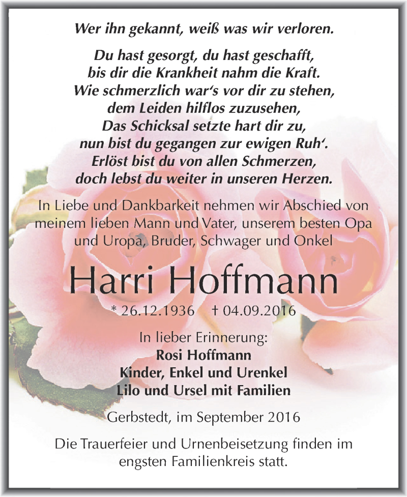  Traueranzeige für Harri Hoffmann vom 14.09.2016 aus Wochenspiegel Mansfelder Land