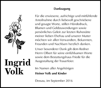 Traueranzeige von Ingrid Volk von Mitteldeutsche Zeitung Dessau-Roßlau