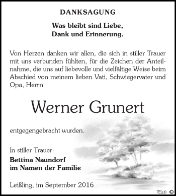Traueranzeige von Werner Grunert von WVG - Wochenspiegel NMB / WSF / ZTZ
