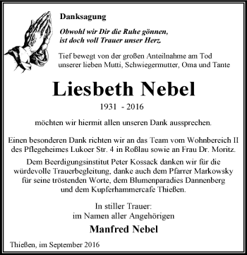 Traueranzeige von Liesbeth Nebel von Mitteldeutsche Zeitung Dessau-Roßlau