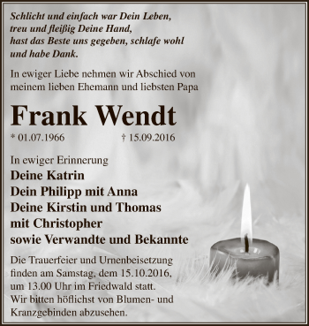 Traueranzeige von Frank Wendt von WVG - Wochenspiegel Dessau / Köthen