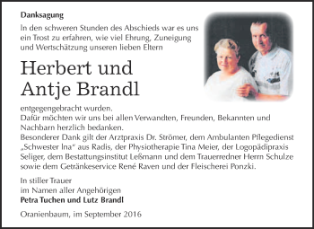 Traueranzeige von Herbert und Antje Brandl von WVG - Wochenspiegel Wittenberg