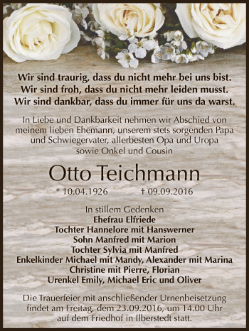 Traueranzeige von Otto Teichmann von Super Sonntag Bernburg