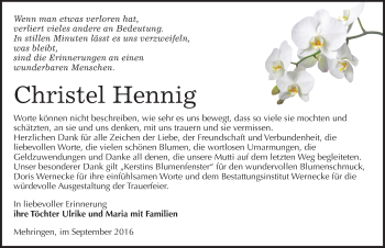 Traueranzeige von Christel Hennig von Mitteldeutsche Zeitung Aschersleben