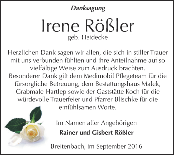 Traueranzeige von Irene Rößler von Wochenspiegel Mansfelder Land