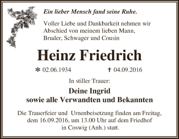 Traueranzeige von Heinz Friedrich von WVG - Wochenspiegel Dessau / Köthen