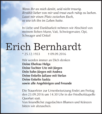 Traueranzeige von Erich Bernhardt von WVG - Wochenspiegel Merseburg