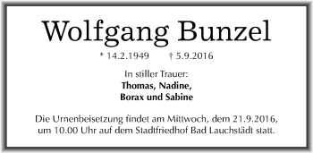 Traueranzeige von Wolfgang Bunzel von Mitteldeutsche Zeitung