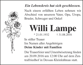 Traueranzeige von Willi Lampe von WVG - Wochenspiegel Dessau / Köthen