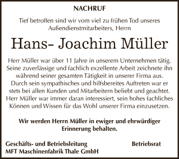 Traueranzeige von Hans-Joachim Müller von Super Sonntag Zeitz