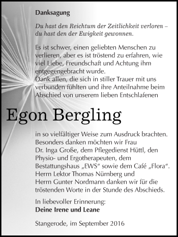 Traueranzeige von Egon Bergling von Wochenspiegel Mansfelder Land