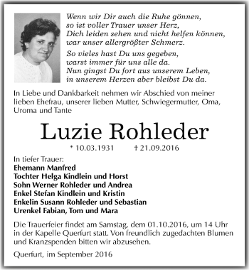 Traueranzeige von Luzie Rohleder von Mitteldeutsche Zeitung Merseburg/Querfurt