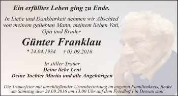 Traueranzeige von Günter Franklau von Mitteldeutsche Zeitung Dessau-Roßlau