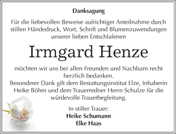 Traueranzeige von Irmgard Henze von Mitteldeutsche Zeitung Dessau-Roßlau