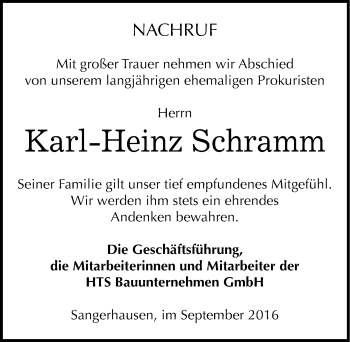 Traueranzeige von Karl-Heinz Schramm von Mitteldeutsche Zeitung Sangerhausen