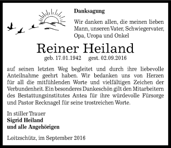Traueranzeige von Reiner Heiland von Mitteldeutsche Zeitung Zeitz