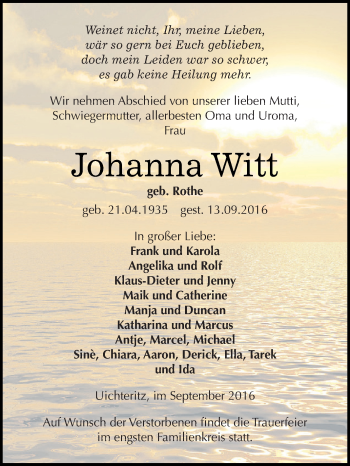 Traueranzeige von Johanna Witt von WVG - Wochenspiegel NMB / WSF / ZTZ