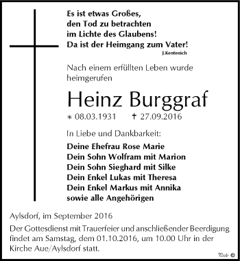 Traueranzeige von Heinz Burggraf von Mitteldeutsche Zeitung Zeitz