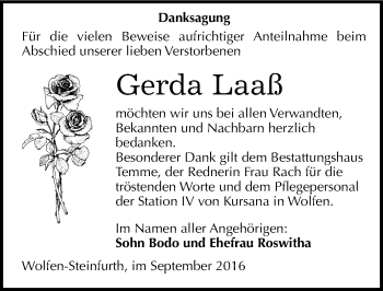 Traueranzeige von Gerda Laaß von Mitteldeutsche Zeitung Bitterfeld