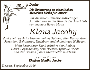 Traueranzeige von Klaus Jacoby von WVG - Wochenspiegel Dessau / Köthen