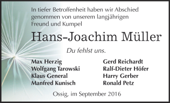 Traueranzeige von Hans-Joachim Müller von Super Sonntag Zeitz