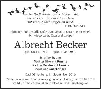 Traueranzeige von Albrecht Becker von Super Sonntag Merseburg