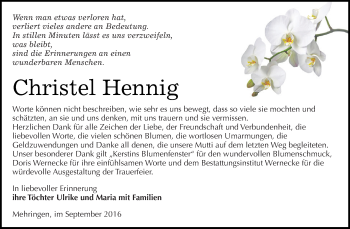 Traueranzeige von Christel Hennig von Super Sonntag Aschersleben