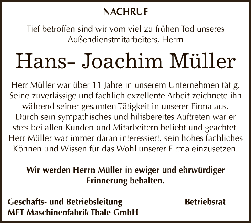  Traueranzeige für Hans-Joachim Müller vom 24.09.2016 aus Super Sonntag Zeitz