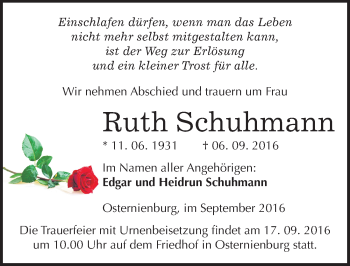 Traueranzeige von Ruth Schuhmann von Mitteldeutsche Zeitung Köthen