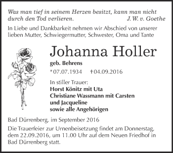 Traueranzeige von Johanna Holler von Super Sonntag Merseburg