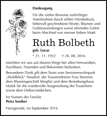 Traueranzeige von Ruth Bolbeth von Mitteldeutsche Zeitung Quedlinburg