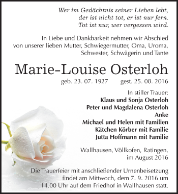 Traueranzeige von Marie-Louise Osterloh von Mitteldeutsche Zeitung Sangerhausen