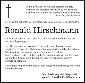 Traueranzeige von Ronald Hirschmann von Mitteldeutsche Zeitung Sangerhausen