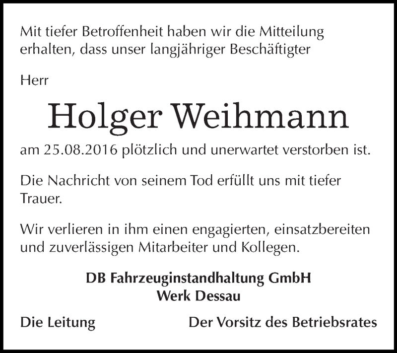  Traueranzeige für Holger Weihmann vom 17.09.2016 aus WVG - Wochenspiegel Halle