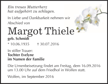 Traueranzeige von Margot Thiele von WVG - Wochenspiegel Bitterfeld