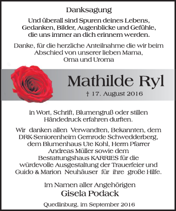 Traueranzeige von Mathilde Ryl von Mitteldeutsche Zeitung Quedlinburg
